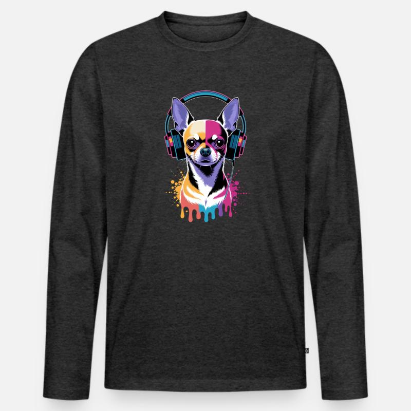 Chihuahua mit Kopfhörer - Männer Premium Bio Langarmshirt - Anthrazit meliert