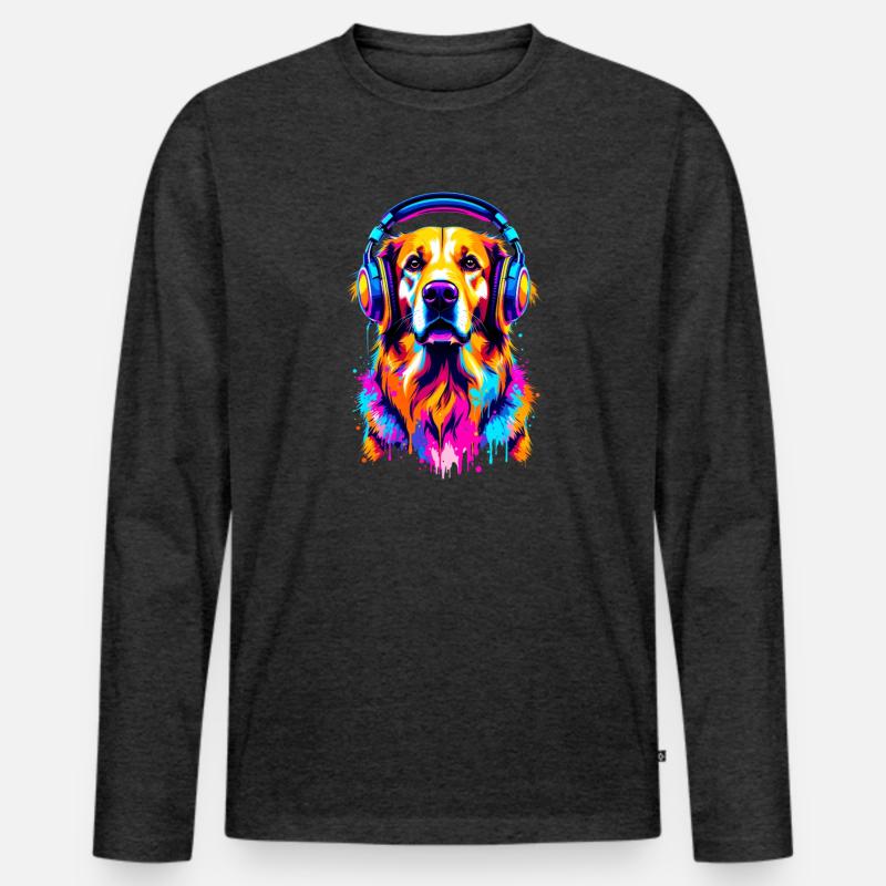 Golden Retriever mit Kopfhörer - Männer Premium Bio Langarmshirt - Anthrazit meliert
