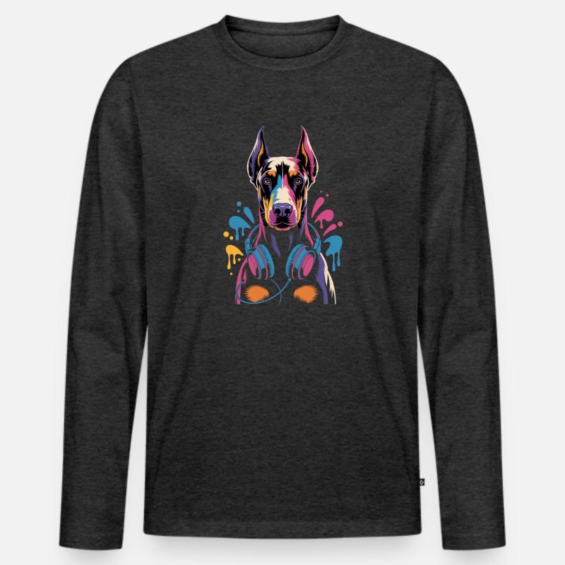 Dobermann mit Kopfhörern - Männer Premium Bio Langarmshirt - Anthrazit meliert