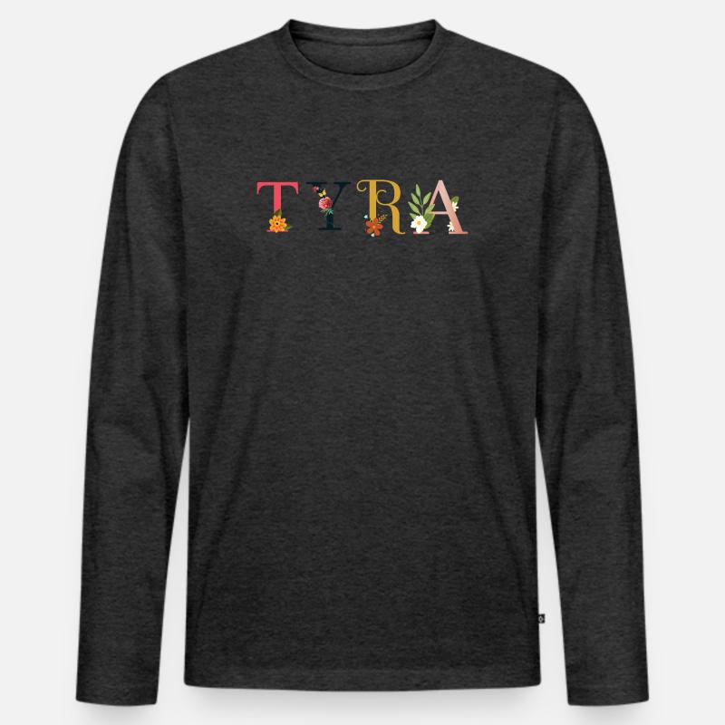 TYRA Name mit Blumen geschmückt - Männer Premium Bio Langarmshirt - Anthrazit meliert