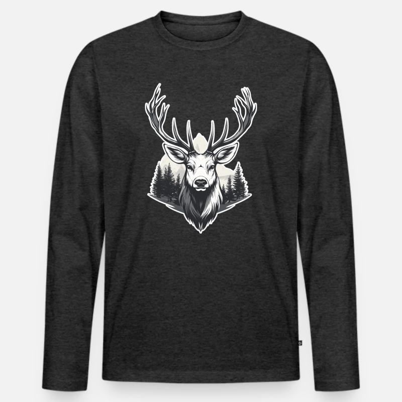 Hirschkopf Waldlandschaft - Männer Premium Bio Langarmshirt - Anthrazit meliert