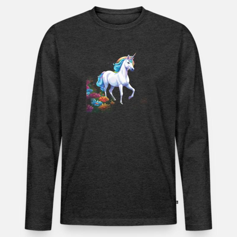 Anmutiges Einhorn mit Regenbogenmähne im Blütenmee - Männer Premium Bio Langarmshirt - Anthrazit meliert