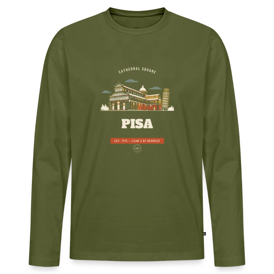 Pisa badge on a men's premium organic long sleeve shirt, khaki, front