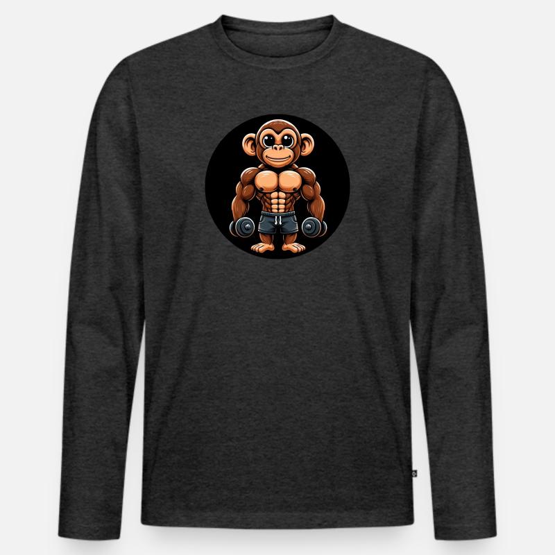 Affe Chimpanse Bodybuilder Training - Männer Premium Bio Langarmshirt - Anthrazit meliert