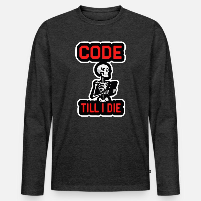 Skelett mit Computer CODE TILL I DIE - Männer Premium Bio Langarmshirt - Anthrazit meliert