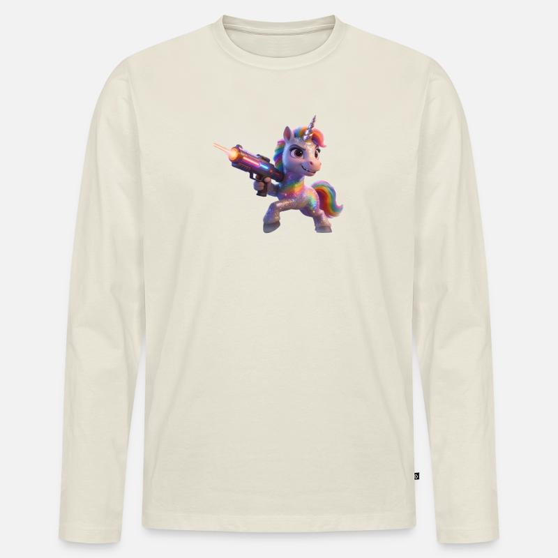 Regenbogen-Einhorn mit Laserpistole - Männer Premium Bio Langarmshirt - Naturweiß