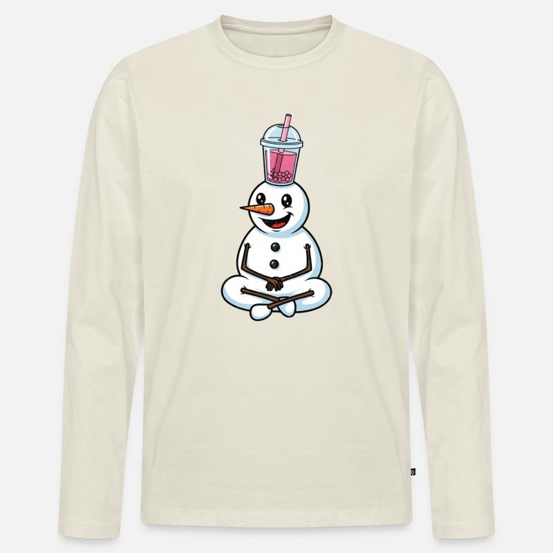 Schneemann mit Bubble Tea - Männer Premium Bio Langarmshirt - Naturweiß