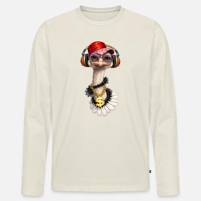 Cooler Strauß mit Kopfhörern  - Männer Premium Bio Langarmshirt - Naturweiß
