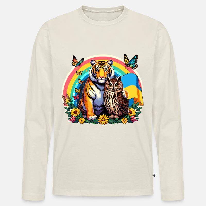 Tiger Eule Regenbogen - Männer Premium Bio Langarmshirt - Naturweiß