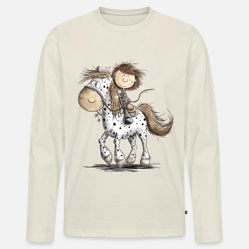 Drolliges Pferd mit Reiter Cartoon Pferdchen - Männer Premium Bio Langarmshirt - Naturweiß