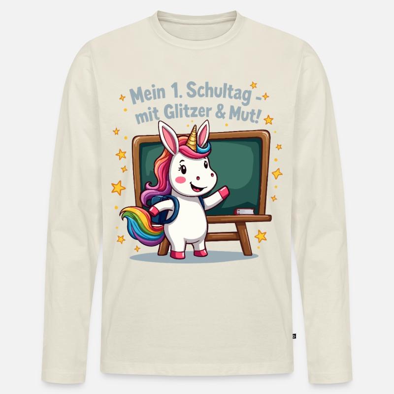 Schuleinhorn – 1. Klasse mit Glitzerstart - Männer Premium Bio Langarmshirt - Naturweiß