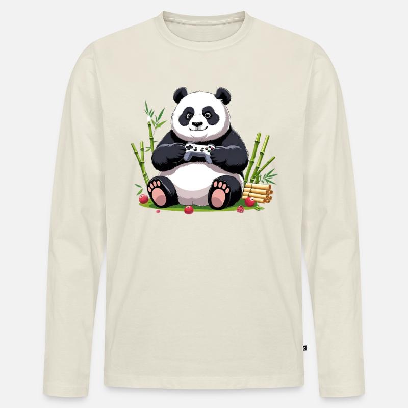Niedlicher Panda mit Gaming-Controller - Männer Premium Bio Langarmshirt - Naturweiß