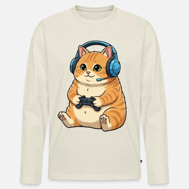 Gamer Katze mit Headset - Männer Premium Bio Langarmshirt - Naturweiß