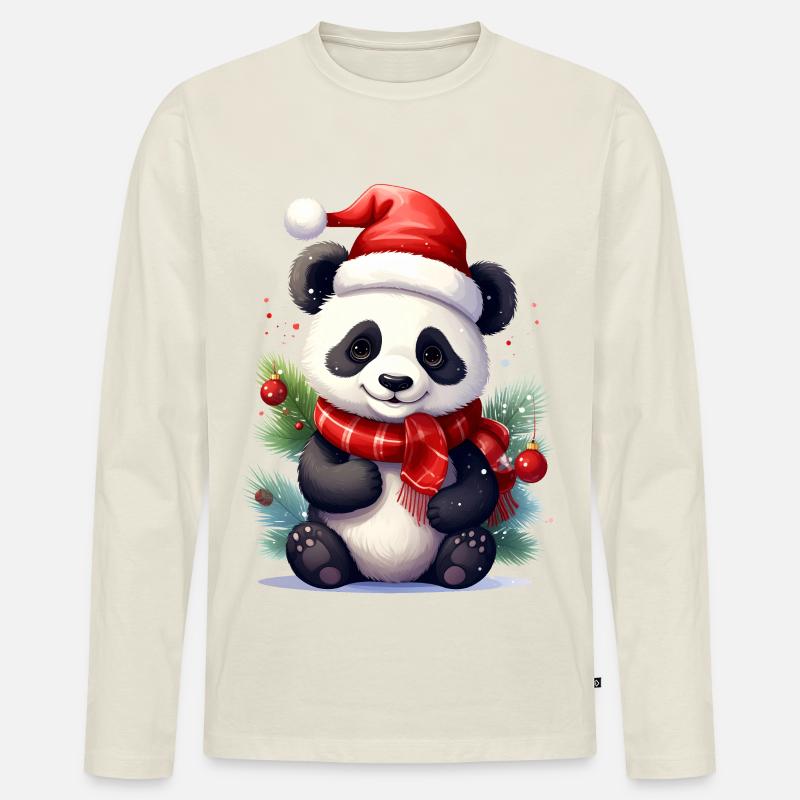 Süßer Weihnachtspanda mit Schal - Männer Premium Bio Langarmshirt - Naturweiß