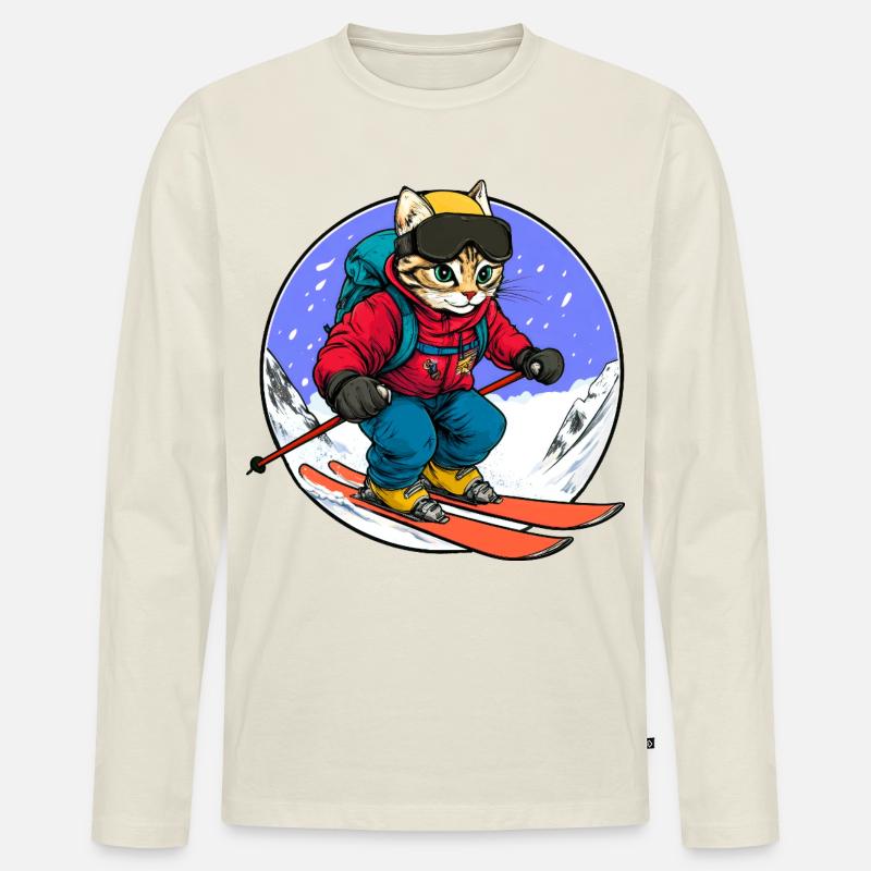 Katzen Ski - Männer Premium Bio Langarmshirt - Naturweiß