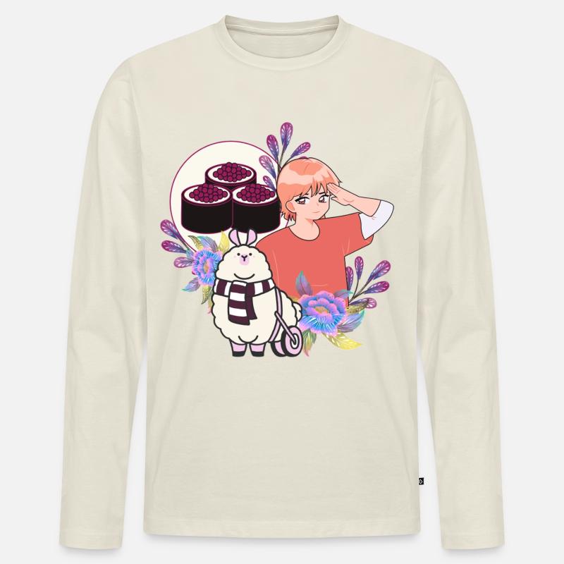 Sushi-Zeit & Alpaca im Rollstuhl - Männer Premium Bio Langarmshirt - Naturweiß