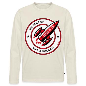 Promotion de 26 – Nous décollons comme une fusée ! (Rouge de) - T-shirt manches longues Premium bio Homme - blanc cassé - Devant - Nico (187cm)