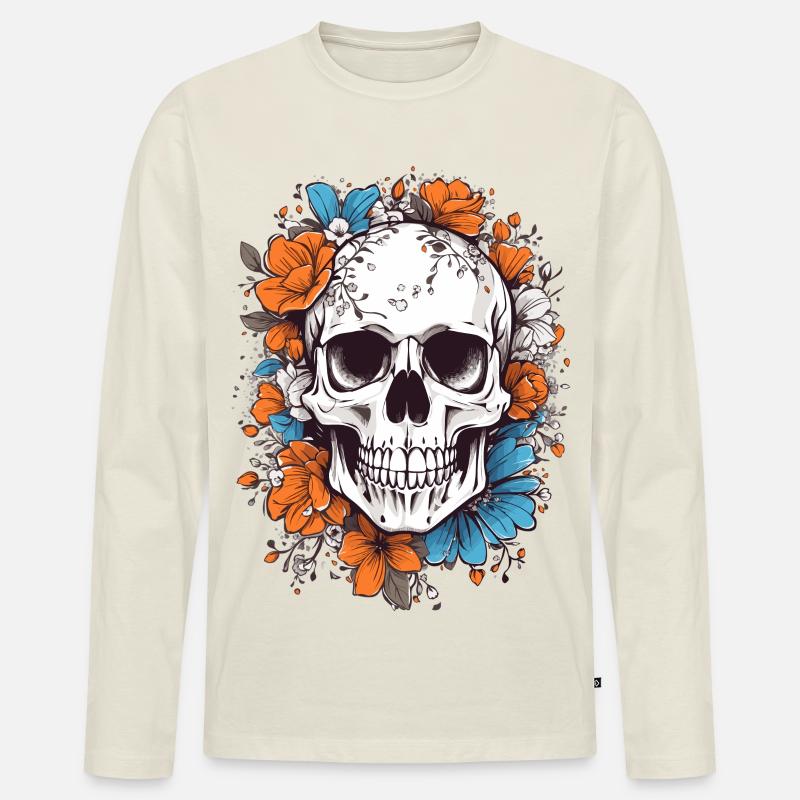 Totenkopf mit Blumen - Männer Premium Bio Langarmshirt - Naturweiß