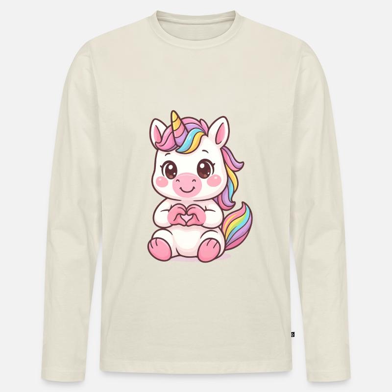 Süßes Einhorn mit Herzhänden - Männer Premium Bio Langarmshirt - Naturweiß