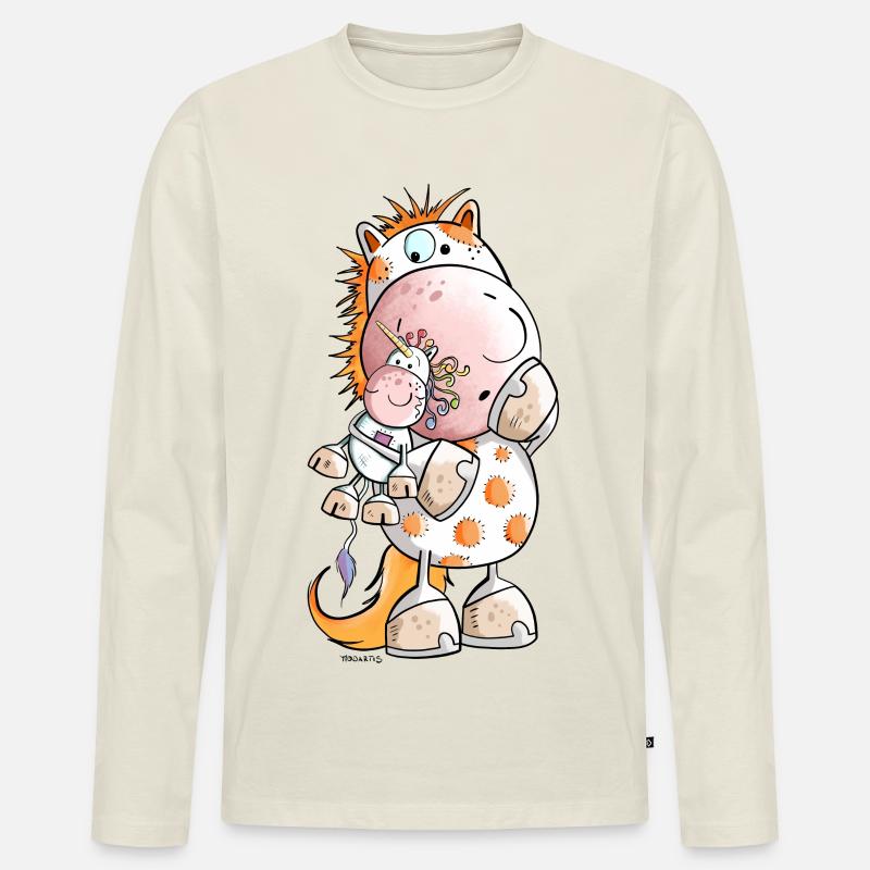 Pferd mit Einhorn Kuscheltier Cartoon  - Männer Premium Bio Langarmshirt - Naturweiß