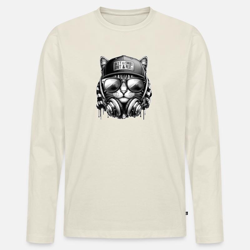 Katze DJ mit Kopfhörer Cap - Männer Premium Bio Langarmshirt - Naturweiß