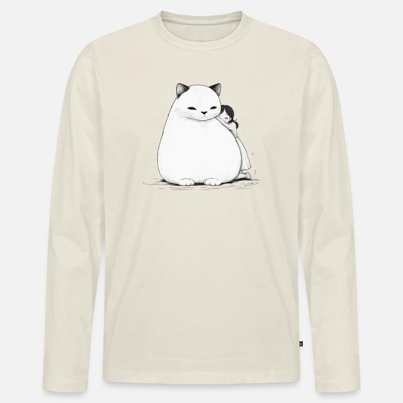 Großes Kuscheln mit einer Katze - Männer Premium Bio Langarmshirt - Naturweiß