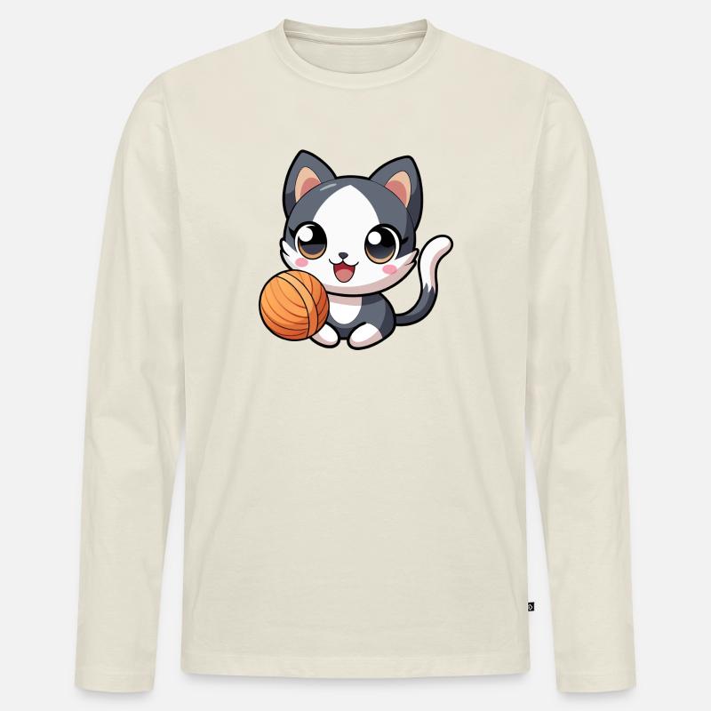 Schwarz-weißes Kawaii-Kätzchen mit Strang - Männer Premium Bio Langarmshirt - Naturweiß