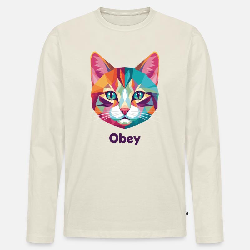Geometrischer Katzenkopf mit Obey-Text - Männer Premium Bio Langarmshirt - Naturweiß