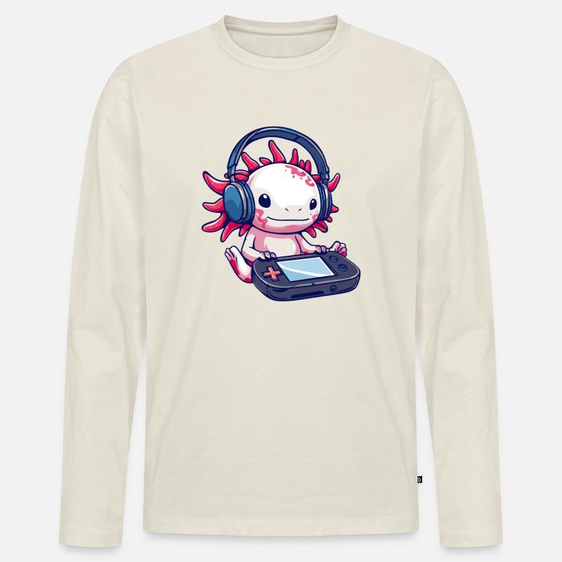 Axolotl mit Kopfhörern und Gaming-Controller - Männer Premium Bio Langarmshirt - Naturweiß