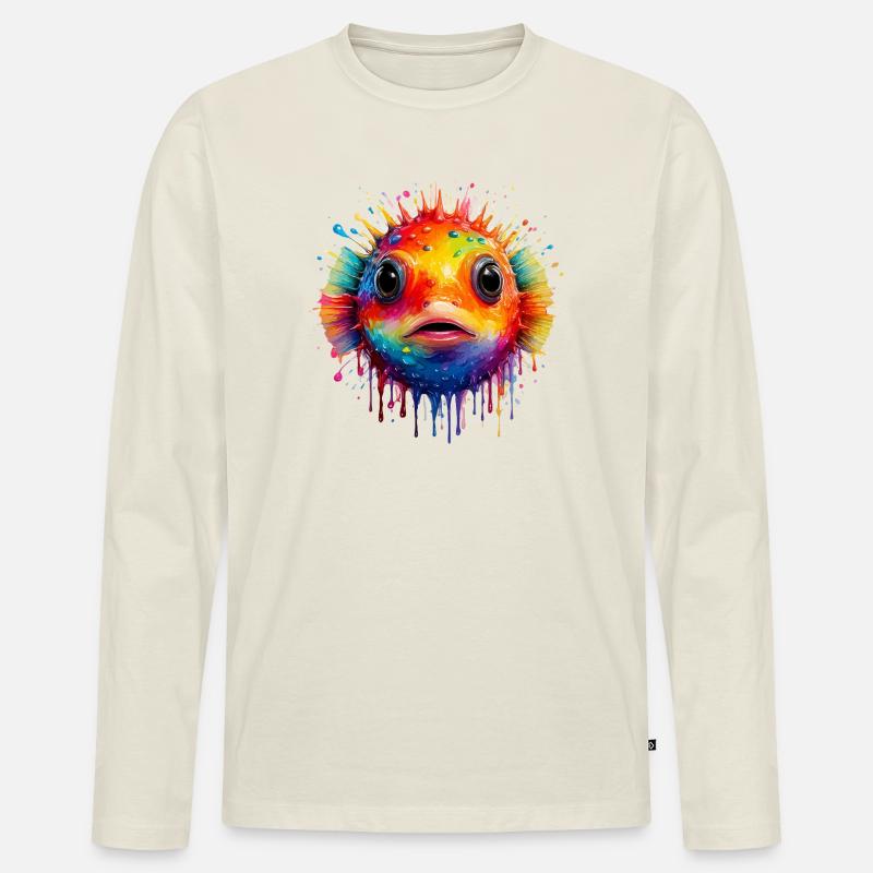 Farbexplosion Pufferfisch Kunstdruck - Männer Premium Bio Langarmshirt - Naturweiß
