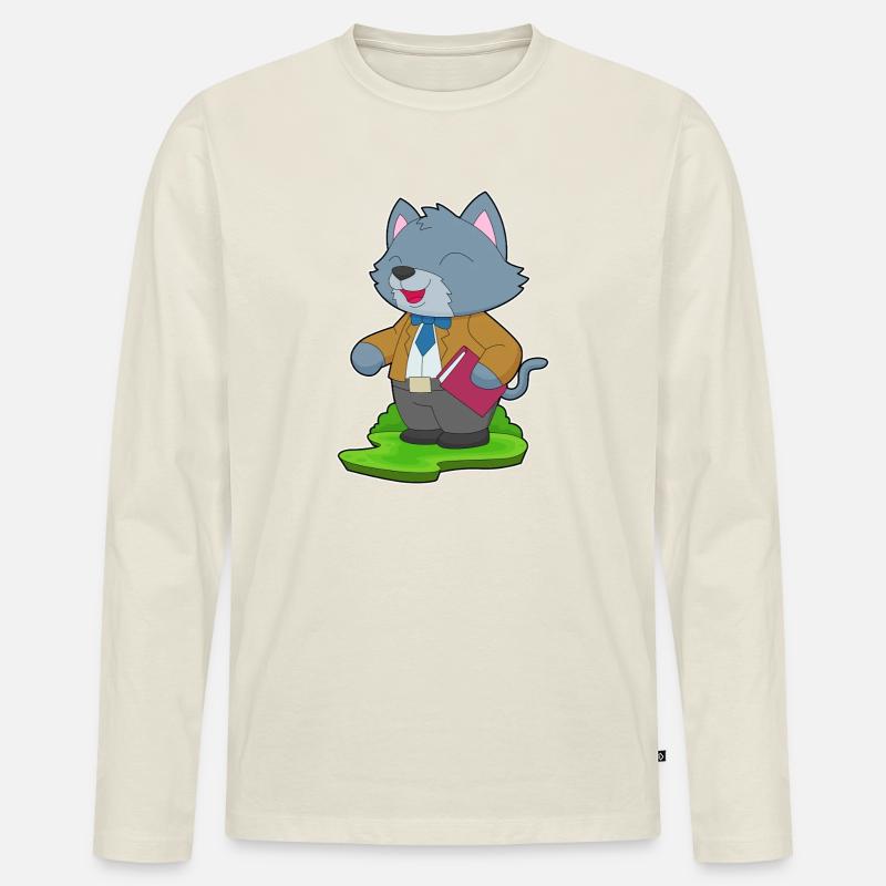 Katze Lehrer Buch Schule - Männer Premium Bio Langarmshirt - Naturweiß