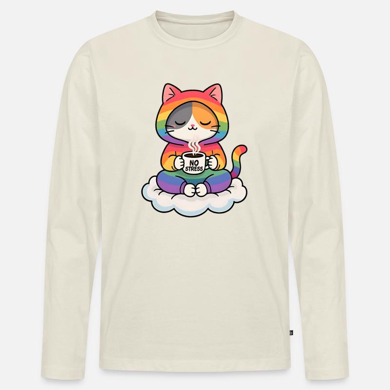 Regenbogenkatze auf einer Wolke - Männer Premium Bio Langarmshirt - Naturweiß
