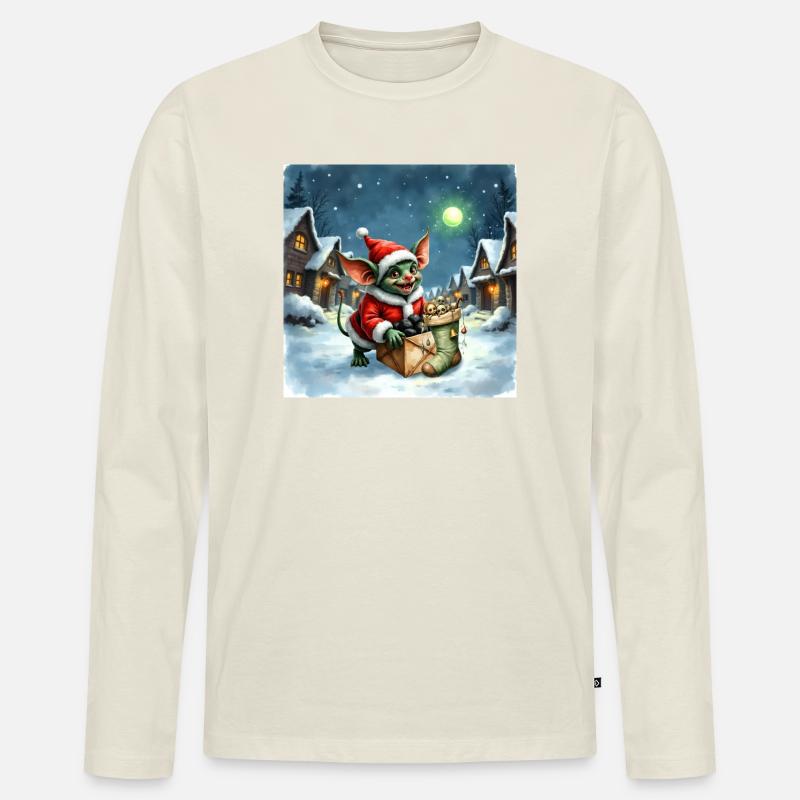 Weihnachtself schiebt verschneites Geschenk - Männer Premium Bio Langarmshirt - Naturweiß