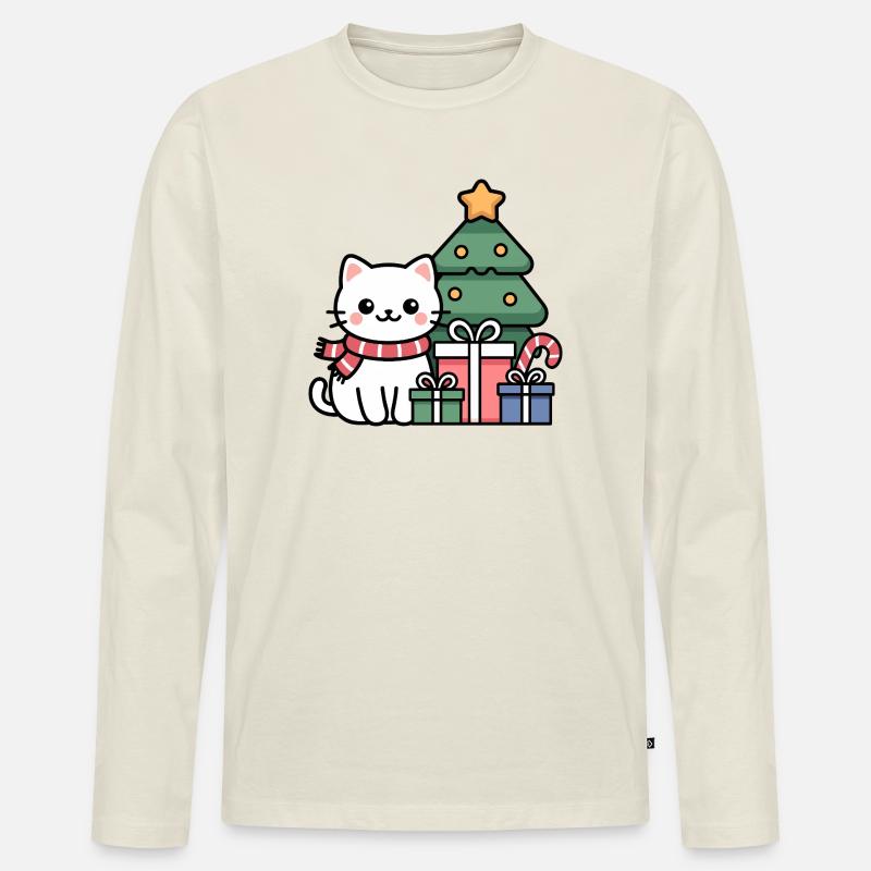 Kawaii Weihnachts Katze mit Geschenken - Männer Premium Bio Langarmshirt - Naturweiß