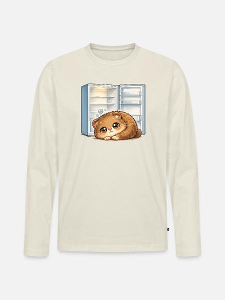 Petit chat devant un réfrigérateur ouvert - T-shirt manches longues Premium bio Homme - blanc cassé