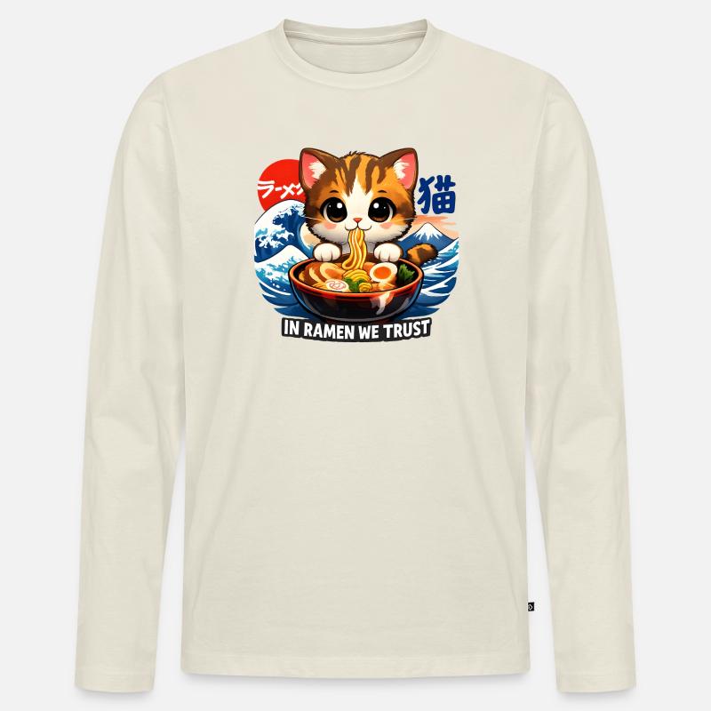 Katze in Ramen we trust - Männer Premium Bio Langarmshirt - Naturweiß