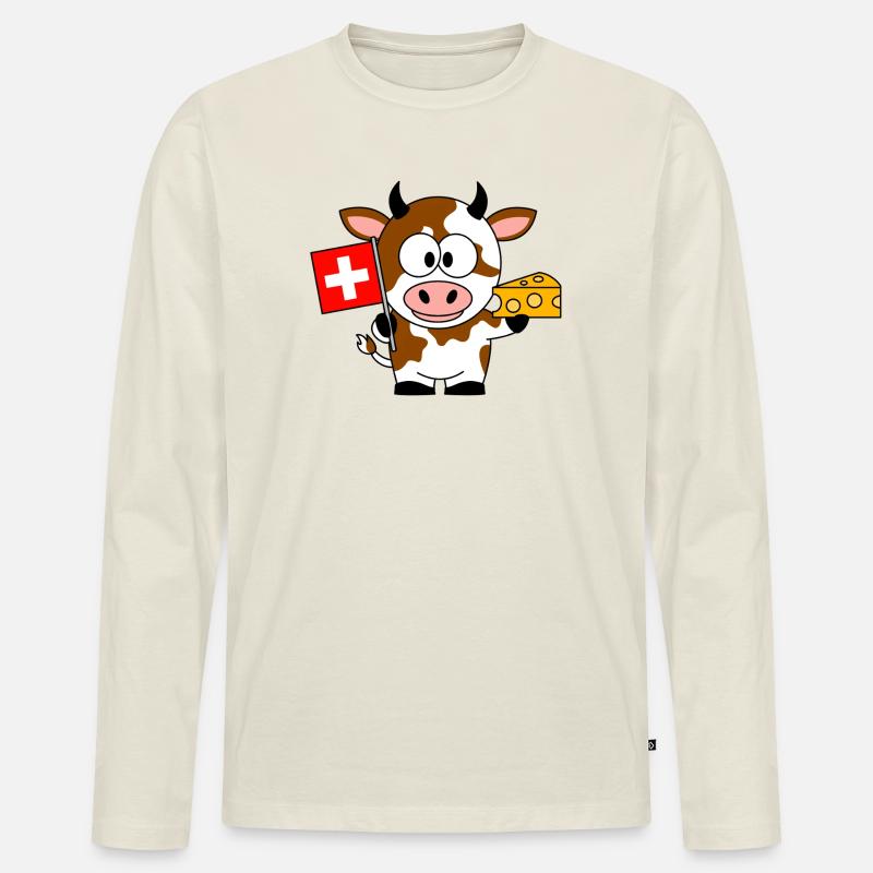 Kuh mit Schweizer Flagge Käse - Männer Premium Bio Langarmshirt - Naturweiß