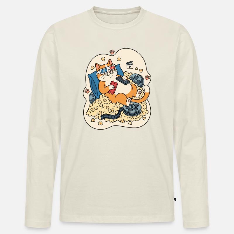 Kino-Kater im Popcorn-Paradies - Männer Premium Bio Langarmshirt - Naturweiß