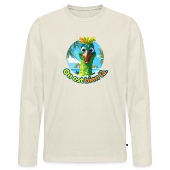 Oiseau cartoon estival humour soleil - T-shirt manches longues Premium bio Homme - blanc cassé - Devant - Nico (187cm)