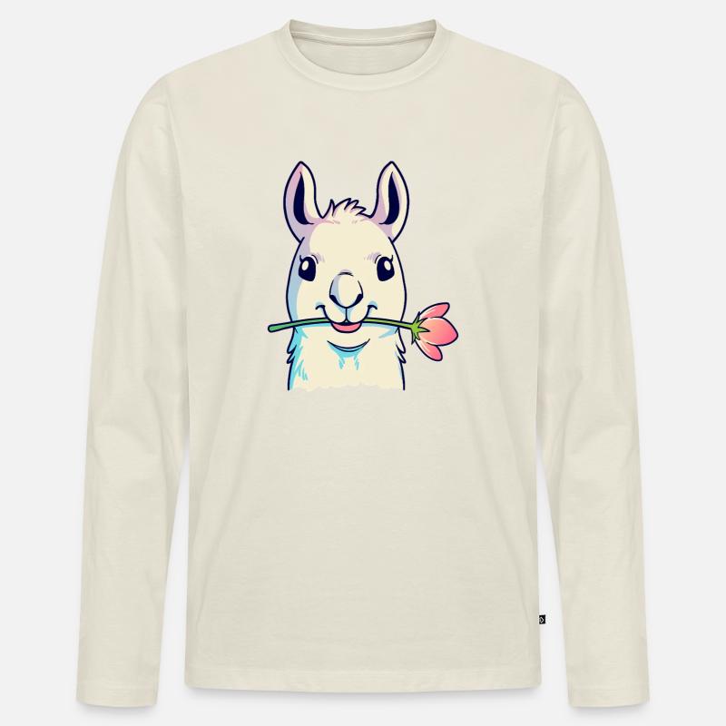 Llama und Rose - Männer Premium Bio Langarmshirt - Naturweiß