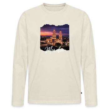Morelia Nachtlicht Skyline - Männer Premium Bio Langarmshirt - Naturweiß - Vorne - Nico (187cm)