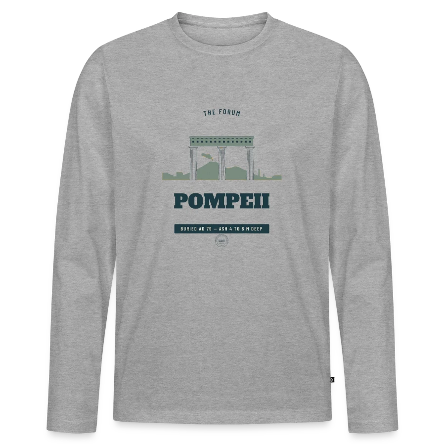 Pompeii badge on a men's premium organic long sleeve shirt, heather grey, front