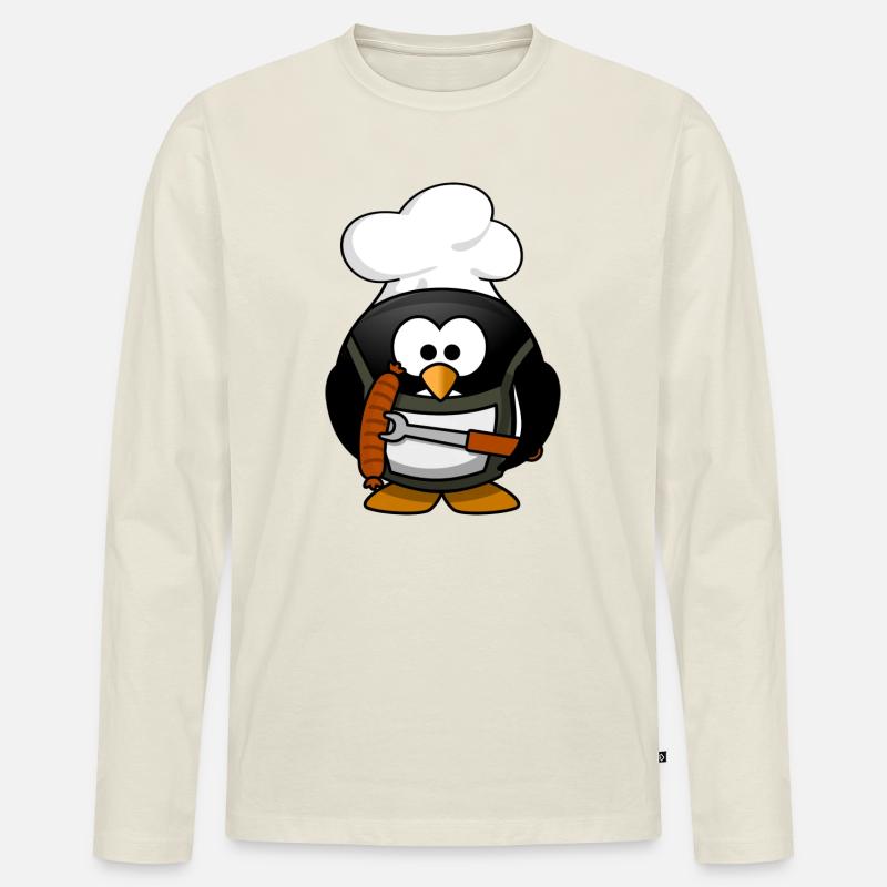 Kochpinguin mit Grillwurst - Männer Premium Bio Langarmshirt - Naturweiß