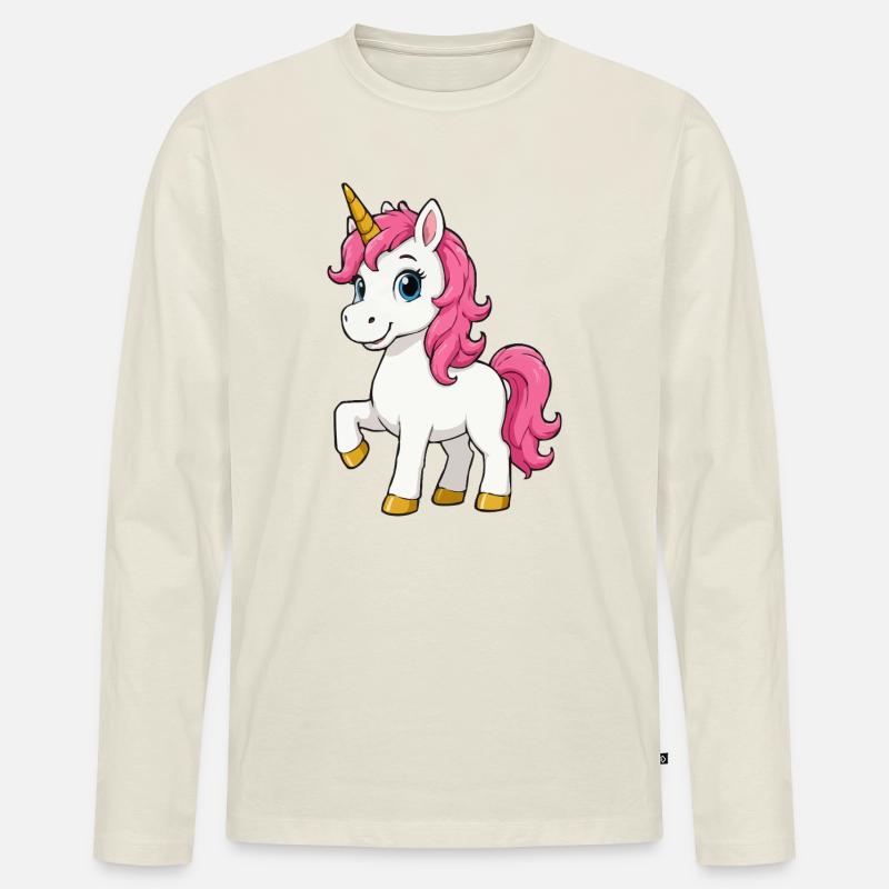Rosa Einhorn mit Pinker Mähne - Männer Premium Bio Langarmshirt - Naturweiß