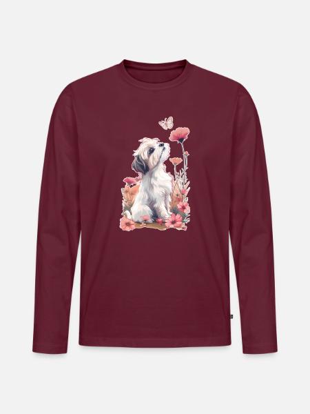Shih Tzu und Schmetterling - Männer Premium Bio Langarmshirt - Burgunderrot