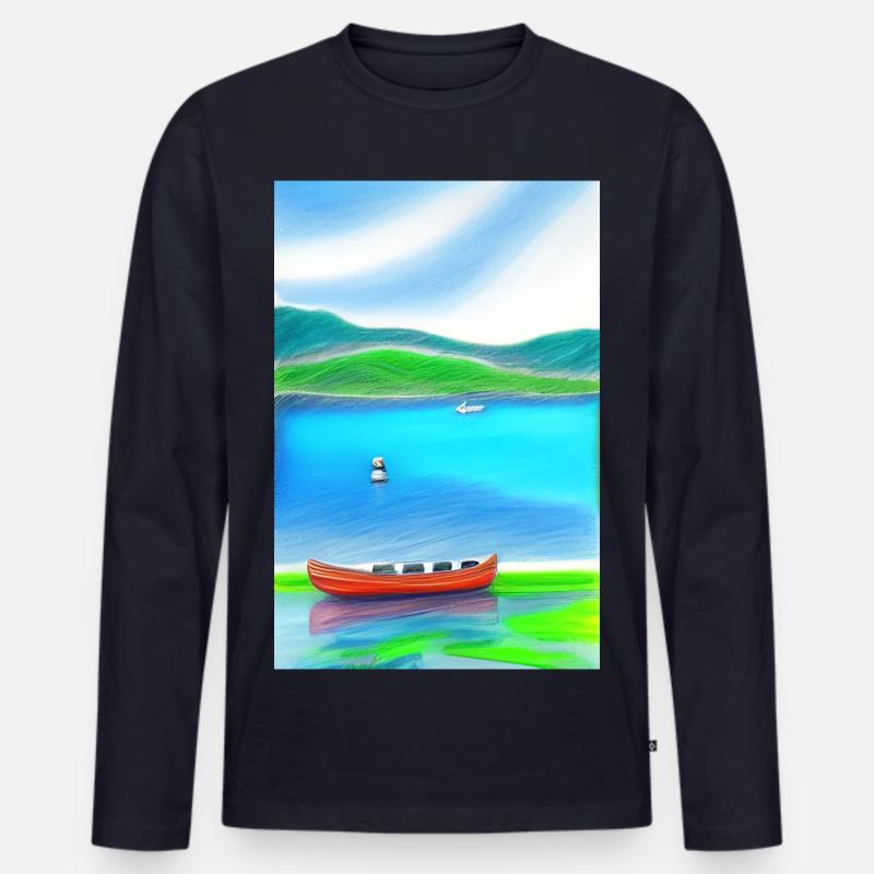 Landschaft mit See, Boot und Berge - Männer Premium Bio Langarmshirt - Navy