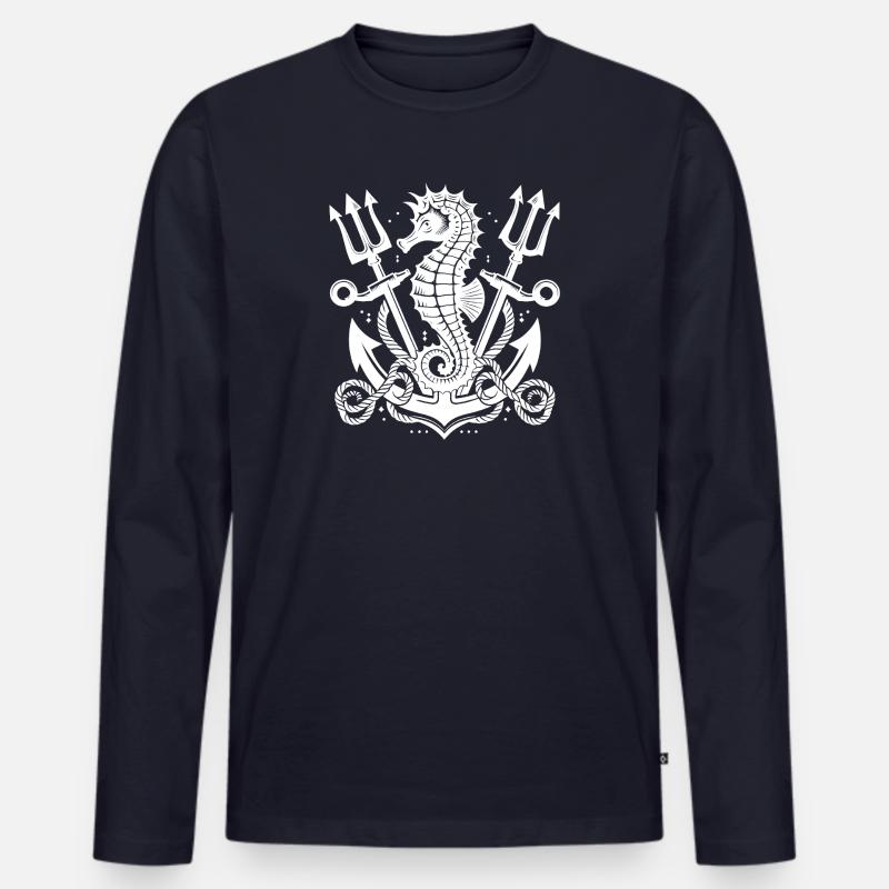 Seepferdchen mit Anker und Dreizack - Männer Premium Bio Langarmshirt - Navy