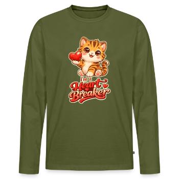 Süße Katze mit Herz – I’m a Heart Breaker - Männer Premium Bio Langarmshirt - Khaki - Vorne - Nico (187cm)