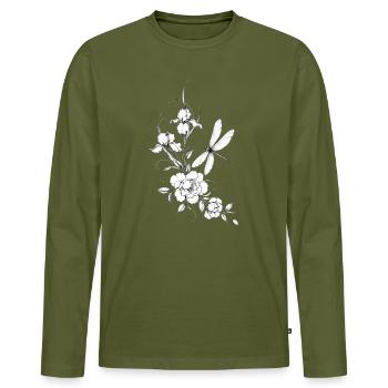 Fleurs et Libellule Noir Blanc - T-shirt manches longues Premium bio Homme - kaki - Devant - Nico (187cm)
