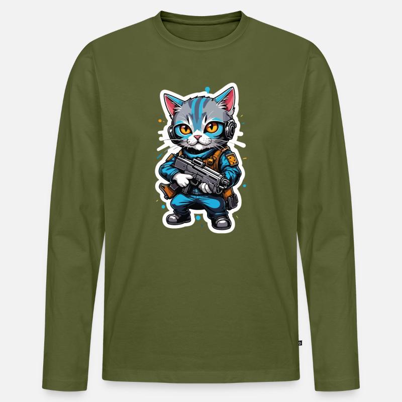 Katzenkrieger mit Hightech-Waffen - Männer Premium Bio Langarmshirt - Khaki